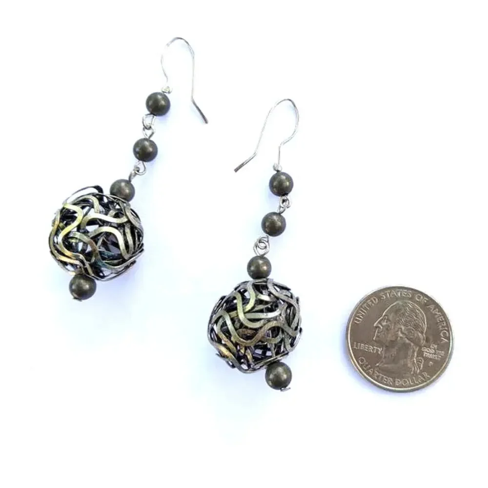 Funky twisted metal wire-wrap ball fish hook earrings